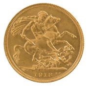 1913 Sovereign, George V, St. George reverse, Sydney, Unc.