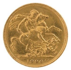 1906 Sovereign, Edward VII, St. George reverse, Melbourne, EF.