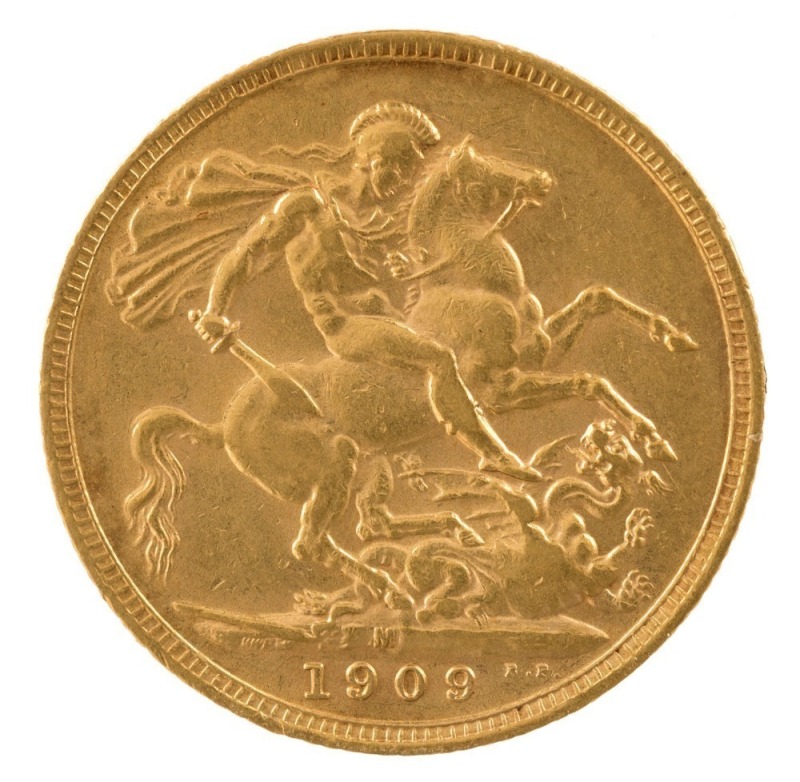 1909 Sovereign, Edward VII, St. George reverse, Melbourne, EF.