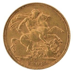 1908 Sovereign, Edward VII, St. George reverse, Perth, VF.