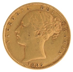 1885 Sovereign, Young head, Shield reverse, Melbourne, EF.