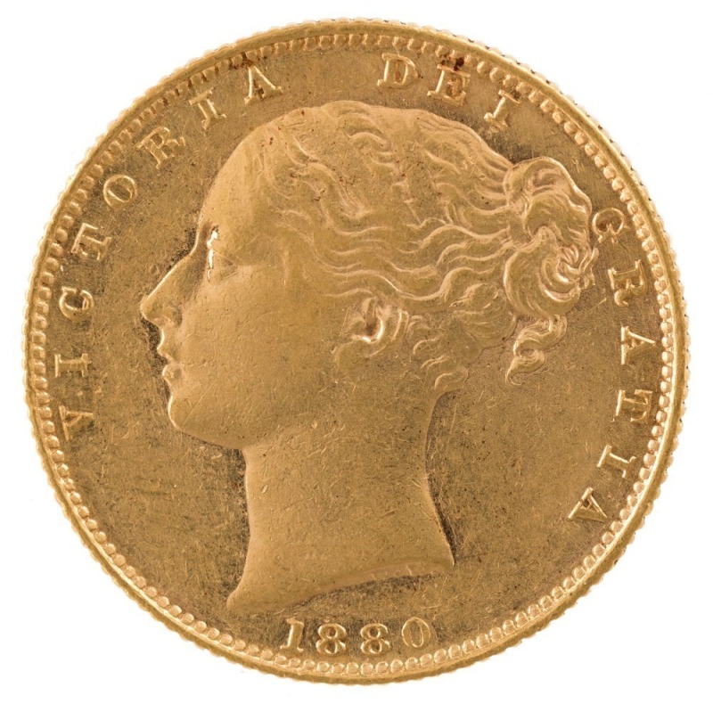 1880 Sovereign, Young head, Shield reverse, Sydney, aUnc.