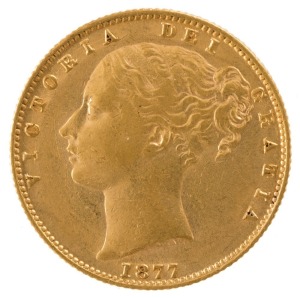 1877 Sovereign, Young head, Shield reverse, Sydney, aUnc.