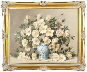 Still life oil painting of Chinese vase & flowers signed Cardinal lower right, in gilt frame. 75 x 60cm