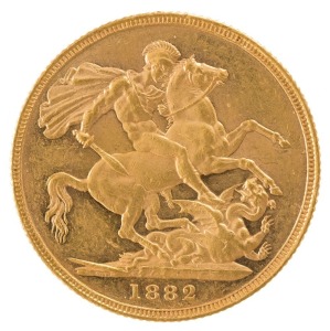 1882 Sovereign, Young head, St. George reverse, Melbourne, aUnc.