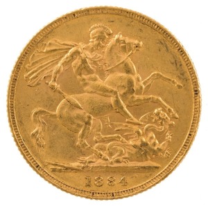 1884 Sovereign, Young head, St. George reverse, Sydney, EF.