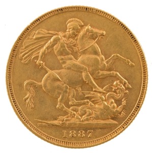 1887 Sovereign, Young head, St. George reverse, Melbourne, EF.