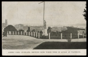 NEW ZEALAND: AUCKLAND EXHIBITION POSTAL CARD: HALFPENNY GREEN with VIEW IN BLACK: Samuel #AB3a(j) "ALBERT PARK, AUCKLAND, SHOWING GUNS WHICH WERE IN ACTION AT WATERLOO", fine unused.