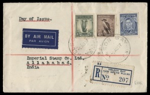 FDC: 3d Blue KGVI, 6d Kookaburra and 1/- Lyrebird on a registered 2 Aug. 1937 FDC from NELSON BAY to INDIA, with all appropriate backstamps.