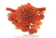 An impressive antique coral and yellow gold floral brooch, housed in original plush fitted box, 19th century, ​​​​​​​5.2cm wide