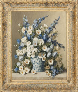 Still life floral oil painting signed Cardinal lower right, in decorative gilt frame. 49 x 59cm