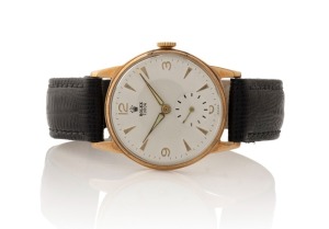 ROLEX "Tudor" gent's manual wristwatch, 9ct gold case stamped "Dennison, Made in England For Rolex", the movement stamped "Tudor, 15 Rubies, Swiss Made", white rose engine cut dial with gilt batons and subsidiary seconds dial with luminescent and gilt hands, 33mm across the dial including crown