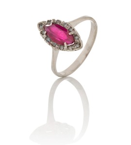 A white gold ring, set with a fine marquis cut ruby, surrounded by white stones, ​​​​​​​3.6 grams