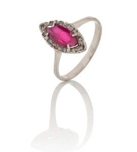A white gold ring, set with a fine marquis cut ruby, surrounded by white stones, 3.6 grams
