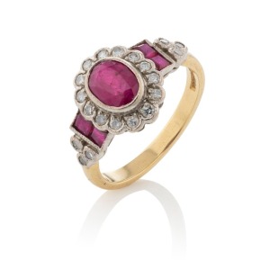 An antique English 18ct yellow gold, ruby and diamond ring, 4.3 grams