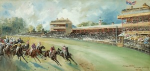 JOHN BEER (British), Jubilee Stakes, Kempton Park, 1894, watercolour, signed and titled lower right, 24 x 50cm, 50 x 77cm overall