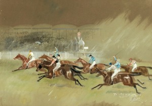 JOHN BEER (British), The Derby, 1890, watercolour, signed and titled lower right, with inscription verso "The Finish in The Derby, Epsom, 1890" 26 x 36cm, 52 x 63cm overall