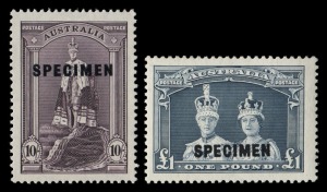 1938 (SG.177-78s) 10/- & £1 Robes; SPECIMEN overprints, the latter very lightly mounted. Fine & fresh. (2)