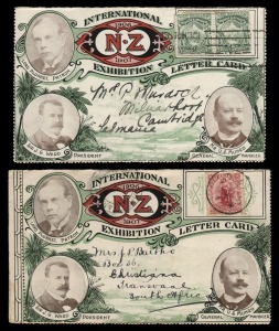 NEW ZEALAND: 1906 CHRISTCHURCH EXHIBITION LETTER CARDS: Private letter cards with photographs of Lord Plunket, Sir J.G. Ward and G.S. Munro on the face & of the Exhibition Buildings on the reverse: 1) to Tasmania, and 2) to South Africa with 'CHRISTIANA' 