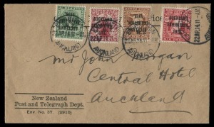 NEW ZEALAND: AUCKLAND EXHIBITION DATESTAMP: 'EXHIBITION/NZ/22AU14/AUCKLAND' cds tying the complete Exhibition set ½d to 6d - Cat £600+ - to Post & Telegraph Department envelope to Central Hotel Auckland, very fine. [Although the Exhibition closed official