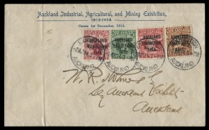 NEW ZEALAND: AUCKLAND EXHIBITION DATESTAMP: 'EXHIBITION/NZ/22AP14/AUCKLAND' cds's tying the complete Exhibition set, ½d to 6d - Cat £600+ - to an Exhibition envelope with 'Auckland Industrial, Agricultural, and Mining Exhibition 1913-1914...' imprint at t