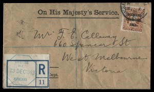 NEW ZEALAND: AUCKLAND EXHIBITION REGISTRATION DATESTAMP: An octagonal 'EXHIBITION/NZ/23DEC1913/AUCKLAND' d/stamp in green on registration label, affixed to an OHMS cover to Melbourne; with Exhibition 3d (SG.414) tied by 'AUCKLAND/REGISTERED' cds; rear fla