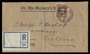 NEW ZEALAND: AUCKLAND EXHIBITION REGISTRATION DATESTAMP: An octagonal 'EXHIBITION/NZ/13JAN1914/AUCKLAND' d/stamp in green on registration label, affixed to an OHMS cover to Wonthaggi, Victoria with Exhibition 3d (SG. 414) tied by 'EXHIBITION/AUCKLAND' cds