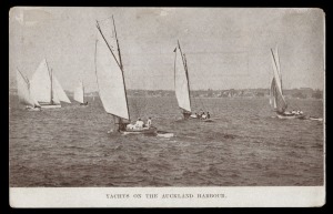 NEW ZEALAND: AUCKLAND EXHIBITION POSTAL CARD - ONE PENNY RED with VIEW IN PURPLE-BROWN: Samuel #AB4a(d) "YACHTS ON AUCKLAND HARBOUR", minor blemishes, unused.