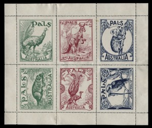  "PALS" LABELS: Sheetlet of labels issued by "PALS" Boys Weekly Publication, circa 1920, featuring the kangaroo, platypus, koala, emu, lyrebird and kookaburra; rarely found in a complete sheetlet, (1 sheetlet of 6 stamps.