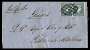 SPANISH WEST INDIES POSTAL HISTORY - CUBA: September 1860 usage of 1855 ½r plata horizontal pair, tied by a single strike of the "parrilla oval" on an entire from MATANZAS (cuba) to PALMA DI MALLORCA, with arrival backstamp.