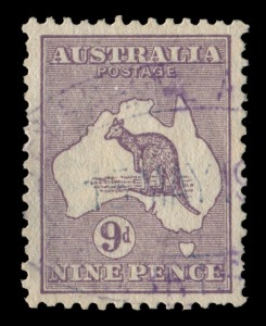 Kangaroos - Second Watermark: 9d Violet, WATERMARK INVERTED, FU; (BW:25a) non-postal oval datestamp. (SG.27w. Cat.£1800 for postally used).