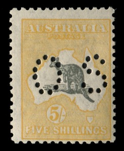 Kangaroos - Small Multiple Watermark: 5/- Grey & Orange-Yellow, perforated OS, MUH but with overall lightly tropicalized gum. (SG.O118 - Cat. ***800)