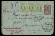 NEW ZEALAND - Postal Stationery: Edward VII One Penny Lettercard uprated with 3 x ½d greens for April 1910 usage from Auckland to BANGKOK, with 21.5.10 arrival cds; then redirected to ZURICH and finally to GENEVA, with SINGAPORE, GENEVA and ZURICH transit