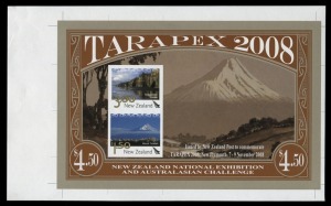 NEW ZEALAND: TARAPEX 2008 imperforate miniature sheet with printer's bars in selvedges, featuring $1.50 & $3.00 definitives, MUH. One of 20 Imperforate Miniature sheets donated by New Zealand Post to the organizers of the exhibition.