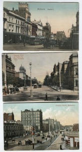 Postcards: VICTORIA - MELBOURNE STREET VIEWS: A collection featuring street views from throughout the CBD, including Bourke and Collins streets, Princes and Queens bridges, St. Paul's Cathedral, Melbourne Town Hall, the Eight Hour Day Monument, Yarra Bank Gardens, Captain Cook's Cottage, etc. (Total: 103; 52 unused; 51 used)