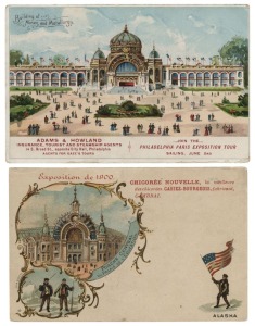Postcards: EXHIBITIONS - 1900 PARIS: A beautiful group of postcards, featuring views of boats on the Seine, the Trocadero, the ornate Porte Monumentale and Grand Palais buildings, as well as a series of individual cards with illustrations of various forei