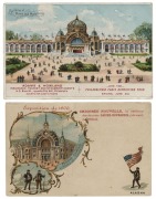 Postcards: EXHIBITIONS - 1900 PARIS: A beautiful group of postcards, featuring views of boats on the Seine, the Trocadero, the&nbsp;ornate Porte Monumentale and Grand Palais buildings, as well as a series of individual cards with illustrations of various forei