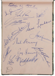 AUTOGRAPH BOOK: with AUSTRALIAN RULES: 1954 Hawthorn FC team including John Kennedy (Vice-Capt), Ted Fletcher (Capt.), John Peck, Allan Woodley, Alf Hughes & Len Crane; 1954 Carlton FC incl. Ken Hands, Bruce Comben, Bob Crowe, George Ferry, Graham Gilchrist, John James. CRICKET: 1954 Victoria v South Australia players incl. Gil Langley; Victoria 1954-55 team incl. Sam Loxton & Neil Harvey; NSW Team 1954 incl. Arthur Morris, Bob Simpson & Alan Davidson; England 1954-55 Test Team