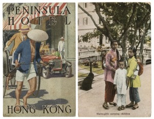 Postcards: BRITISH EMPIRE - BURMA, HONG KONG, MALAYSIA, NORTH BORNEO & SINGAPORE: A collection of mainly photographic postcards featuring city street and bird's-eye views, junks in Victoria Harbour, King Edward VII's Proclamation Day ceremony, Singapore's former Happy World amusement park, elephants being put to work in Burma, fishing villages, etc. Includes "Peninsula Hotel" by Dan Sweeney. (Total: 41; 17 unused; 24 used)