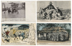 Postcards: AUSTRALIA - EARLY COUNTRY LIFE: A collection of postcards featuring photographs and illustrations of bushmen's encampments, gold diggers at work, horse, bullock, and camel trains, horse-drawn carriages on country roads, agricultural practices, 