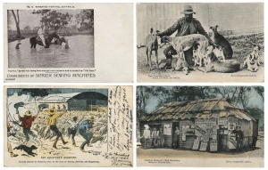 Postcards: AUSTRALIA - EARLY COUNTRY LIFE: A collection of postcards featuring photographs and illustrations of bushmen's encampments, gold diggers at work, horse, bullock, and camel trains, horse-drawn carriages on country roads, agricultural practices, itinerant craftsmen, swagmen, hunting practices, livestock, etc. Includes J.A. Turner art cards, Australian Pavilion at Wembley Exhibition cards, Kerry photo types, a Norman Lindsay Bulletin type, advertisement types, etc. (Total: 42; 25 unused;