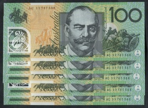 ONE HUNDRED DOLLARS, Stevens/Henry (2011) (R.621ca)  AB11 767536/540, consecutive series of banknotes, (5) Uncirculated.