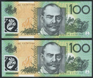 ONE HUNDRED DOLLARS, Stevens/Henry (2011) (R.621ca) AB11 767543/544, consecutive pair of banknotes, (2) Uncirculated.