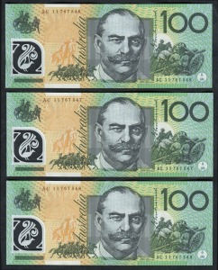 ONE HUNDRED DOLLARS, Stevens/Henry (2011) (R.621ca) AB11 767546/548, consecutive series of banknotes, (3) Uncirculated.