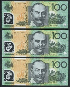 ONE HUNDRED DOLLARS, Stevens/Henry (2011) (R.621ca)  AB11 767546/548, consecutive series of banknotes, (3) Uncirculated.