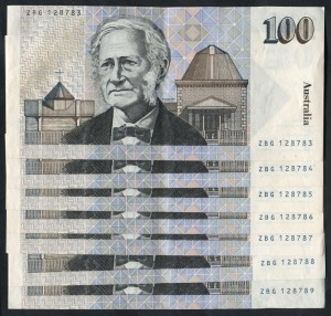 ONE HUNDRED DOLLARS, Johnston/Fraser (1985) (R.609), ZBG 128783/789, consecutive run of banknotes, (7), aUnc/Unc.