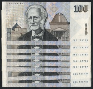 ONE HUNDRED DOLLARS, Johnston/Fraser (1985) (R.609), ZBG 128783/789, consecutive run of banknotes, (7), aUnc/Unc.