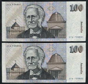 ONE HUNDRED DOLLARS, Johnston/Fraser (1985) (R.609L), Last signature prefix ZFU 738801/802, consecutive pair of banknotes, (2), Unc.