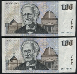 ONE HUNDRED DOLLARS, Johnston/Fraser (1985) (R.609L), Last signature prefix ZFU 738793/794, consecutive pair of banknotes, (2), Unc.