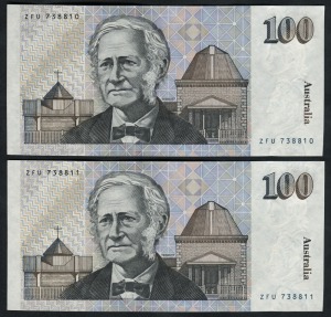 ONE HUNDRED DOLLARS, Johnston/Fraser (1985) (R.609L), Last signature prefix ZFU 738810/811, consecutive pair of banknotes, (2), Unc.